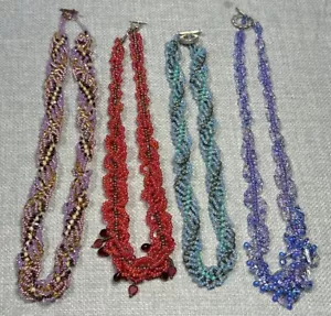4x Handmade Seed Bead Necklaces Purple Red Pink Blue Wear Or Harvest 17” - 19” - Picture 1 of 11