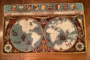 Vintage Hand Made (from a kit) Globe Design WOOL RUG/WALL HANGING - Picture 1 of 5