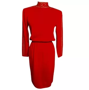 Vintage St. John Marie grau Größe 6 rot Nieten Schulter Strick Midikleid verziert - Bild 1 von 14