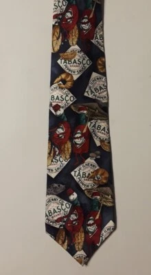 Tabasco Hot Sauce Tie Bicycle Shrimp Fish Themed Men’s 100% Silk Made in USA  - Image 1 of 4