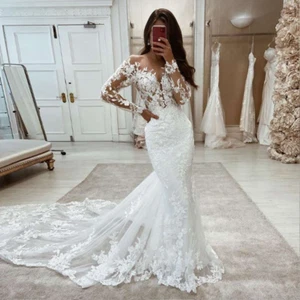 Elegant Mermaid Wedding Dress Long Sleeves Appliques Bridal Gown Custom Made USA - Picture 1 of 4