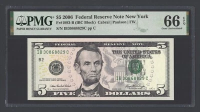 United States-Federal Reserve 5 Dollars 2006 Fr#1993-B (IBC Block) UNC Grade 66 - Image 1 of 2