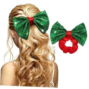 Christmas Bow Hair Scrunchies Green Bowknot Hair Ties Red Velvet Type A - Picture 1 of 8