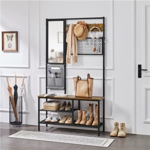 Large Coat Rack Stand Hall Tree with 24 Hooks and Shoe Bench Rustic Brown - Picture 1 of 26