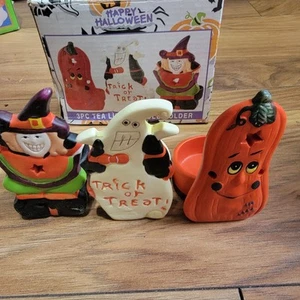 Vintage 3 Piece Halloween Tealight Candle Holders Witch Ghost Jack-o-lantern - Picture 1 of 5