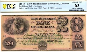 1850-60s $20 Citizens Bank of Louisiana, New Orleans Obsolete - PCGS 63! Scarcer - Picture 1 of 4