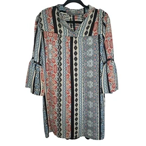 City Triangles Large Multicolor Boho Bell Sleeve Smocked High Neck Midi Dress - Picture 1 of 5