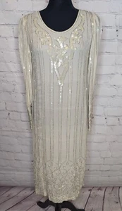 Atemberaubendes Vintage Sister Max Elfenbein Reine Seide Perlen Langes Kleid Größe L - Bild 1 von 11
