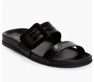 Manolo Blahnik Mayfu Croc Embossed Leather Slide Sandals Slipper Black Size 38 - Picture 1 of 24