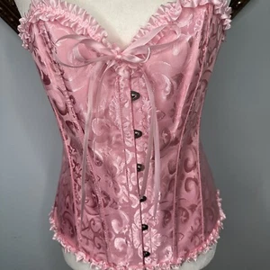 Bustier Corset XL Steel Boned Overbust Cup Satin Sexy Pink Ruffle Brocade Floral - Picture 1 of 8