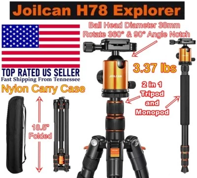 Jolican 80-inch All Aluminum Tripod & Monopod 3.75lbs 18.5" Folded Holds 19 lb - Image 1 of 4