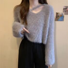Lady Mohair Knitwear Halter Sweater Warm V-neck Knitted Jumper Tops Basic Winter