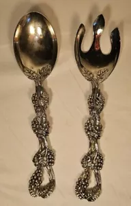 VINTAGE SILBERFARBEN EDELSTAHL 9" SERVIERLÖFFEL & Spork TRAUBE REBE GRIFFE SET - Bild 1 von 4