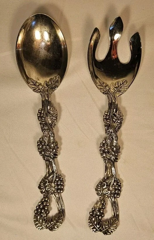ВИНТАЖНЫЙ СЕРЕБРИСТОГО ТОНА ИЗ НЕРЖАВЕЮЩЕЙ СТАЛИ 9 «СЕРВИРОВОЧНАЯ ЛОЖКА И Spork виноградной лозы ручки комплект  - Изображение 1 из 4