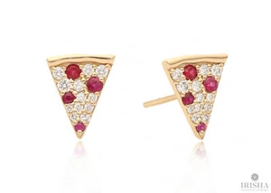 Natürliche Diamant und Rubin Edelstein Pizza Scheibe Ohrstecker - 14K Gold - Bild 1 von 7