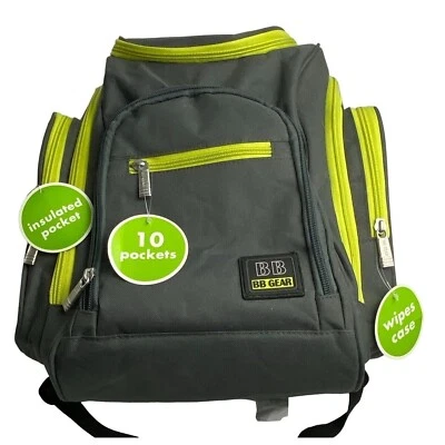 Babyboo BB Gear Bolsa de Pañales Mochila Bolsillos con Cremallera Gris Acento Verde Neón Foto 1 de 4