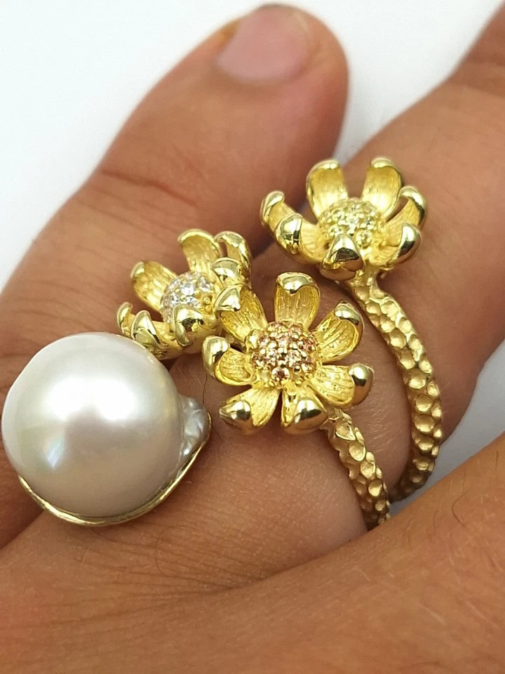 ANELLO ARGENTO 925 DORATO SMERALDI E PERLE NATURALI  REGOLABILE  DONNA ORO  - Immagine 1 di 4