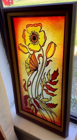 Vtg Stained Glass Wall Hanging Picture flower floral Wood Frame window catcher Cover