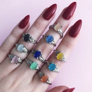Rainbow Colours Large Crystal Gemstone Silver Ring - All Sizes - Picture 1 of 42