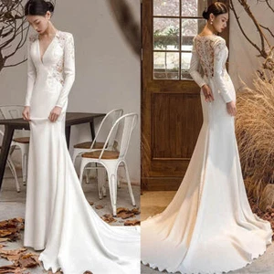 Wedding Dress Mermaid V Neck Long Sleeve Sheer Lace Embroidery Backless Train - Picture 1 of 13