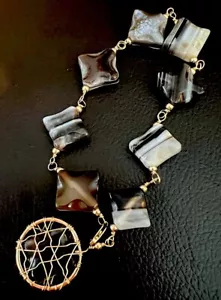 Bracciale vintage in argento sterling dorato agata a fascia - Foto 1 di 7