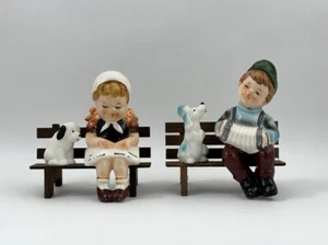 Vintage Set of 2 Boy Accordion Girl Book with Dogs on Wood Bench Figurines - Picture 1 of 15