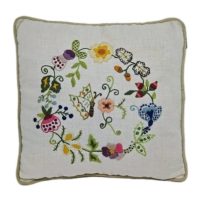 Handmade Crewel Embroidery Needlepoint Pillow Butterfly Flowers Cottage 12x12 - Image 1 of 4