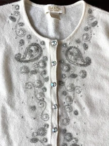 100% Kaschmir Strickjacke Pullover Damen klein elfenbein Perlen Kristall Knopf - Bild 1 von 9