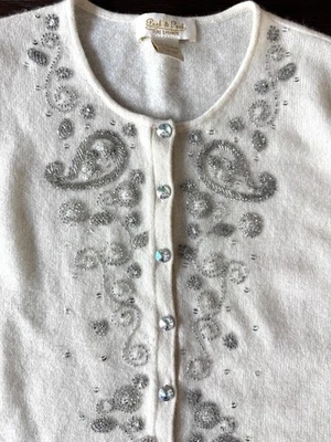 Cardigã suéter feminino 100% cashmere pequeno marfim com miçangas botão de cristal - Imagem 1 de 4