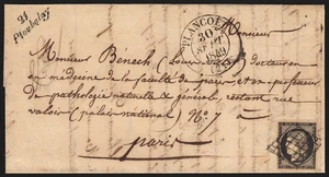 Nr. 3, gestempelt PLANCOET + Kursivschrift 21 / PLOUBALAY Brief 1849, Zertifikat - TOP - Bild 1 von 3