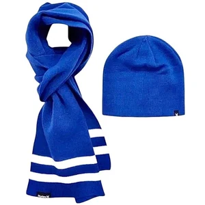Hurley New York Winter Beanie Hat & Scarf 2 piece Set Blue White Stripe One Size - Picture 1 of 4