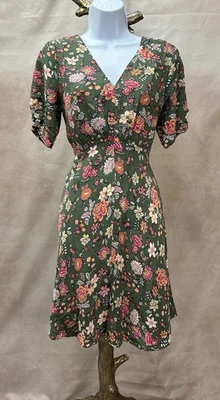 Loft Fit & Flare Olive, Pink & Yellow Floral Dress w/Puff Sleeves Size 6 - Изображение 1 из 4