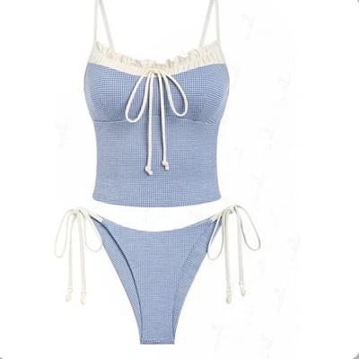 Seamolly Gingham Spliced Ruffles Trim Top & Brazilian Bottom Tankini Set - M - Image 1 of 2