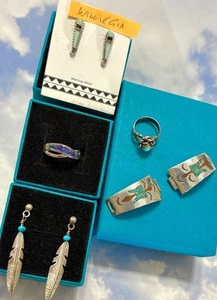 5 LOT Zuni Sterling Silver Earrings Turquoise Ring Navajo THUNDERBIRD Watch Tips - Picture 1 of 9