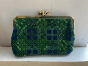 Vintage Traditional Welsh Wool Tapestry Green Blue Lime Green Two Pocket Purse - Picture 1 of 3