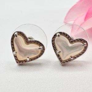 Kendra Scott Arie Heart Mother Of Pearl Silver Tone Stud Earrings Dainty Signed - Picture 1 of 6