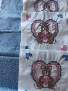 Completed Vintage Teddy Bear 10"X10" Printed Cross Stitch Quilt Blocks & fabric - Picture 1 of 13