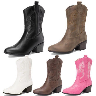 Mujeres Retro Botas Occidentales Medio Pantorrilla Vaquero Vaquera Botas Tacones Bajos Gruesos Botas Foto 1 de 4