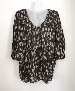 Witchery Batwing Pleated Silk Blouse 12 M Scoop Neck Grey White Print Oversized