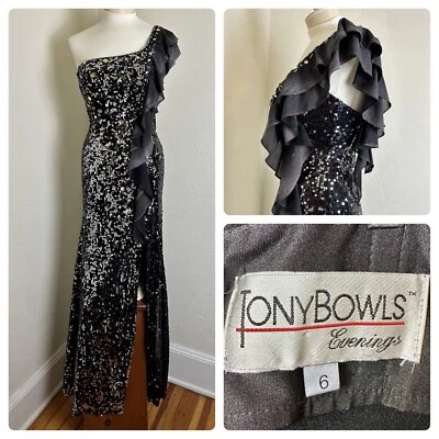 Vestido Tony Bowls Noche Lentejuelas Volantes Baile de graduación Desfile 6 Un Hombro $450 Foto 1 de 4