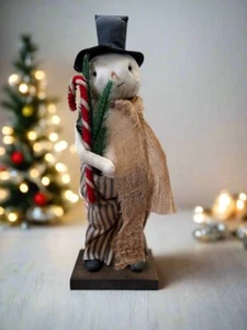 Primitive Folk Art Christmas Pot Belly Snowman on Stand with Candy Cane 17" - Picture 1 of 5