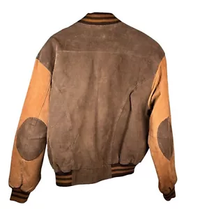 Vintage 90s Streetwear Suede Leather Size XL Bomber Jacket Coat Colorblock Brown - Picture 1 of 12
