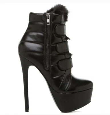 Botas stiletto femininas de papel raposa pele sintética com zíper plataforma preta nova na caixa - Imagem 1 de 4