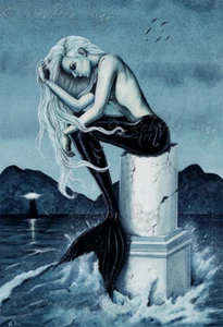 Mermaid Art PRINT Gothic Fantasy Stormy Sea Ocean Lighthouse Dark Teal - Imagen 1 de 5