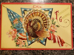 Postal antigua de Acción de Gracias con bandera estadounidense, pavo y flores - Imagen 1 de 4