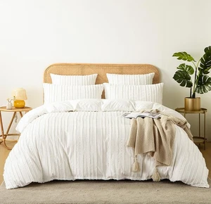 White Striped Duvet Cover Queen Size Reversible Textured Boho Bedding Set 3 P... - Picture 1 of 7