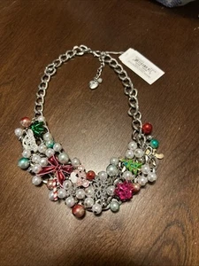 Betsey Johnson Faux Stone Christmas Imitation Pearl Bib Necklace Bear Tree Flake - Picture 1 of 5