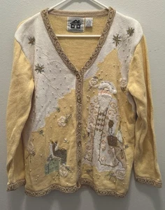 Storybook Knits Father Christmas Santa Yellow Bead Sequin Cardigan Sweater Sz M - Picture 1 of 10