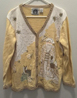 Storybook Knits Father Christmas Santa Yellow Bead Sequin Cardigan Sweater Sz M - Image 1 of 4
