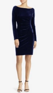 Lauren Ralph Lauren Ruched Dress Womens Small Velvet Long Sleeve Cocktail Party - Picture 1 of 8